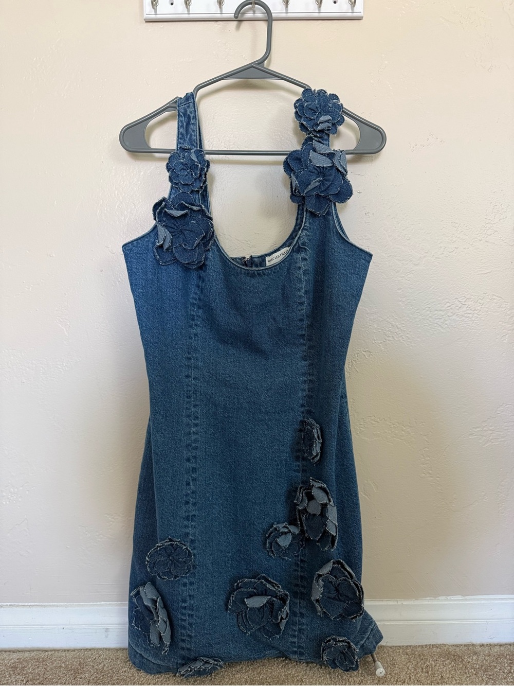 Avec Les Filles Blue Denim Tank Dress with Floral Trim